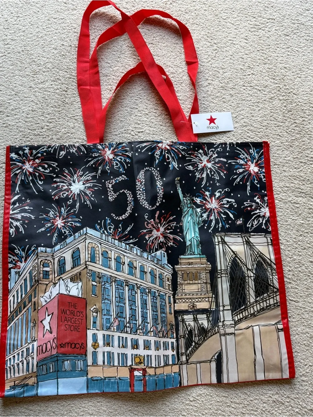 Macy's 50 NYC Fireworks Reusable Tote Bag Statue Liberty Brooklyn Bridge 21x18x7